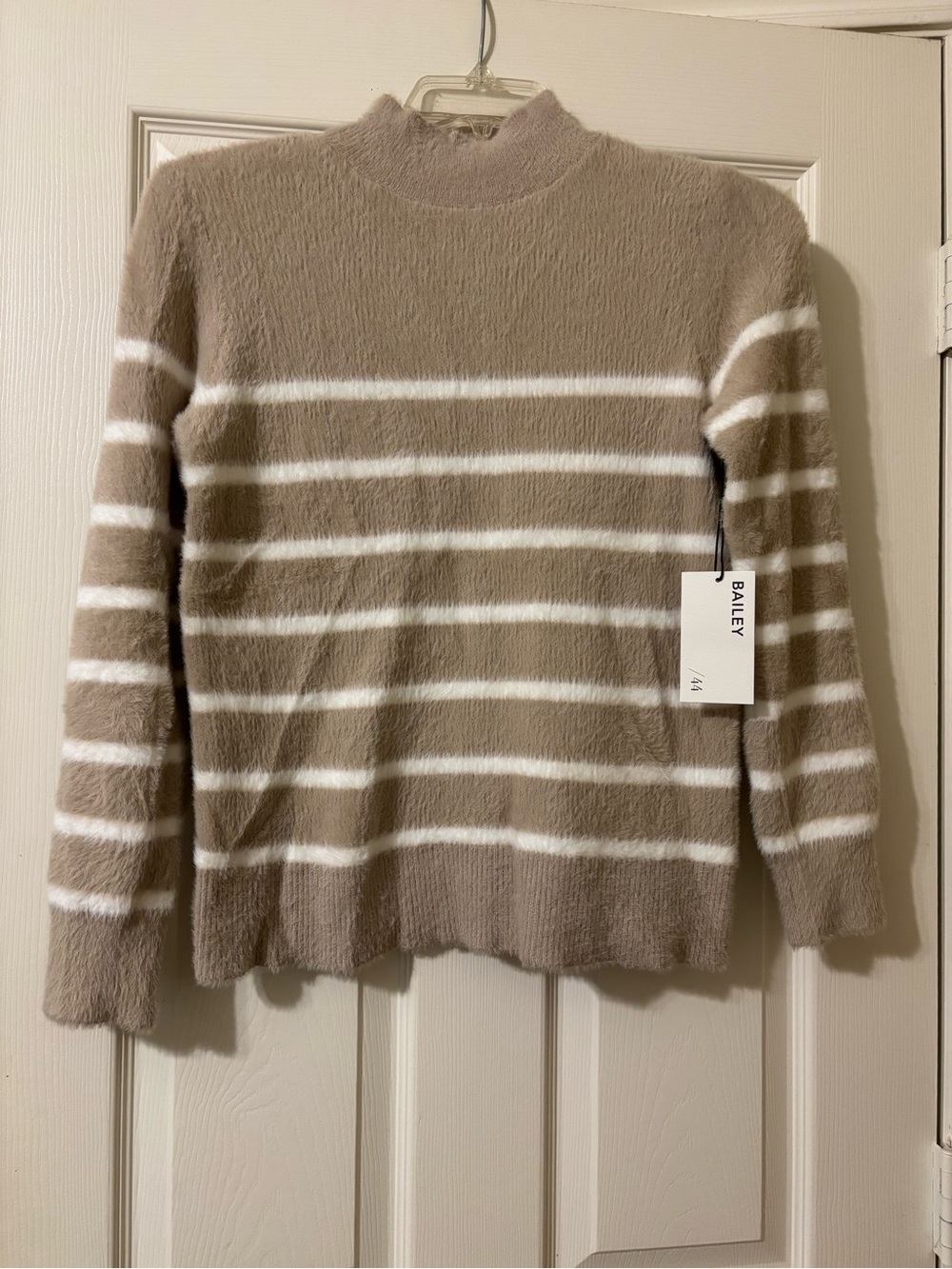 Taupe and White Striped Mock Neck Fuzzy Sweater